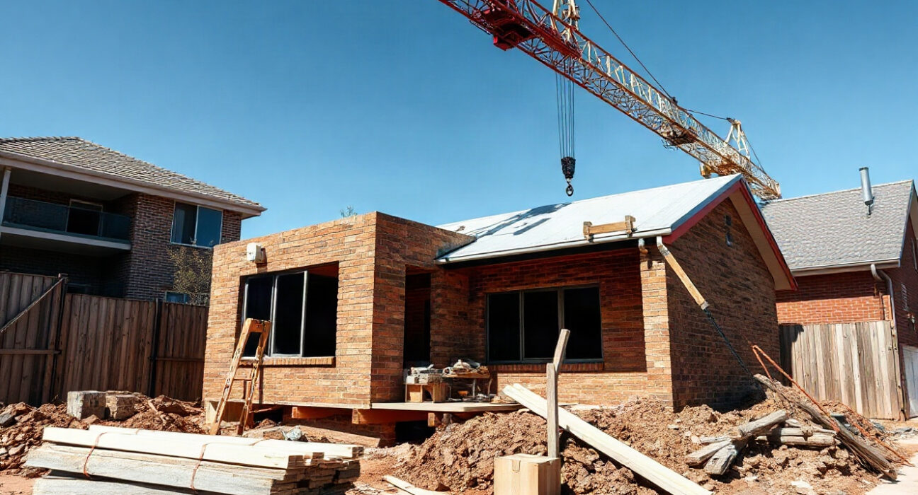 Residential construction site in Australia with unfinished brick house and crane under clear sky