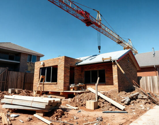 Residential construction site in Australia with unfinished brick house and crane under clear sky