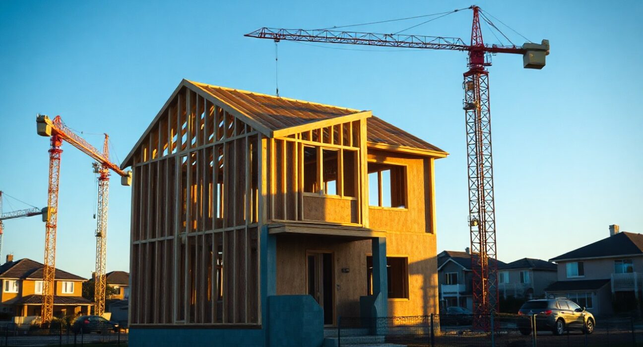 New residential construction site in an Australian suburb with cranes and partially built homes under a clear blue sky.