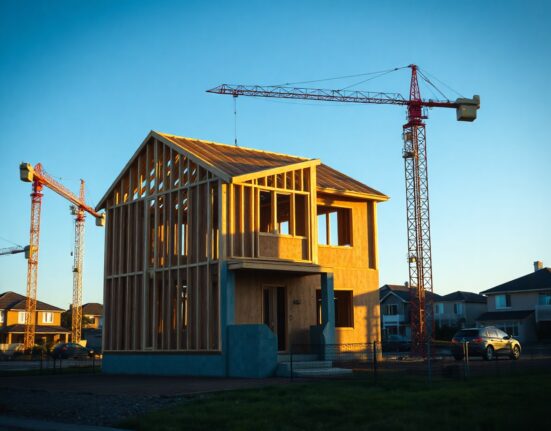 New residential construction site in an Australian suburb with cranes and partially built homes under a clear blue sky.