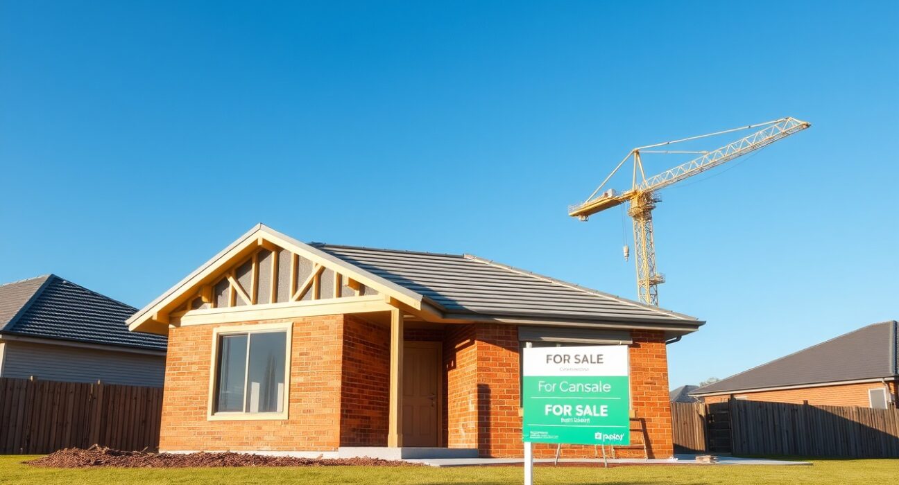 Residential construction site in Australia with a partially built house and a crane, representing building permit data.