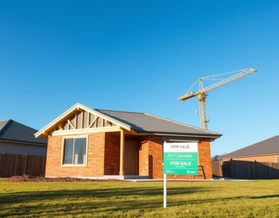 Residential construction site in Australia with a partially built house and a crane, representing building permit data.