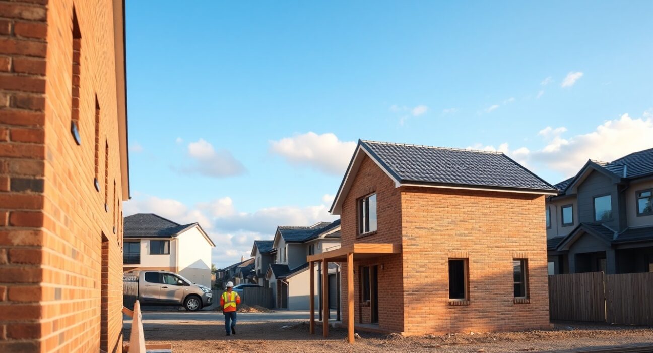 Residential construction site in an Australian suburb with partially built houses and workers.