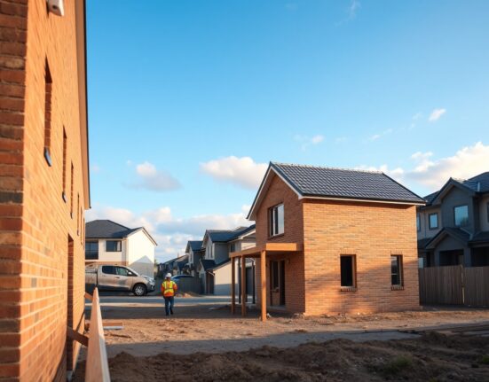 Residential construction site in an Australian suburb with partially built houses and workers.