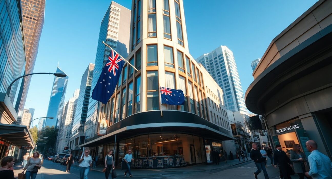 Busy commercial street in an Australian city with office workers and retail stores, representing improving business confidence.