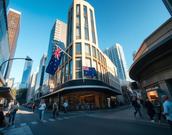 Busy commercial street in an Australian city with office workers and retail stores, representing improving business confidence.
