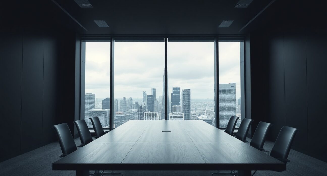 Empty corporate boardroom in an Australian city skyscraper on an overcast day, representing declining business confidence.