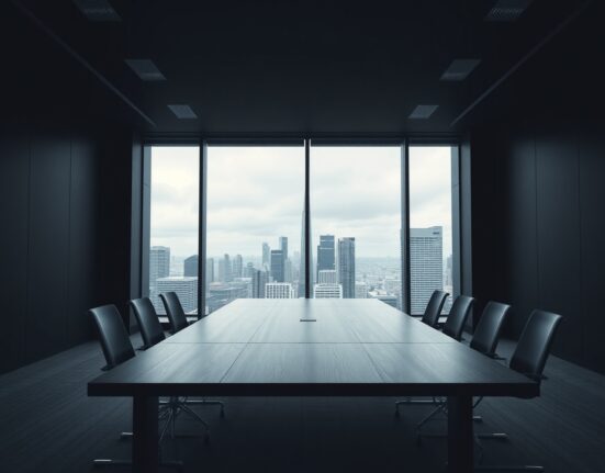 Empty corporate boardroom in an Australian city skyscraper on an overcast day, representing declining business confidence.