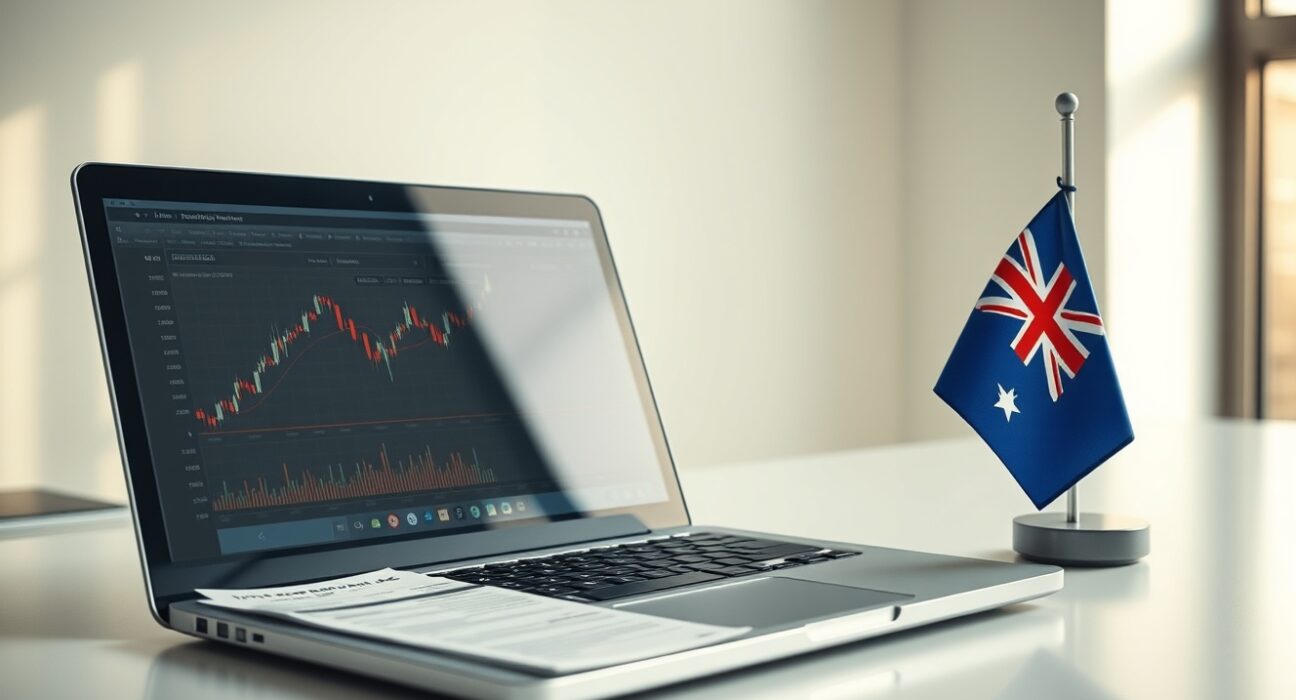 A laptop displaying a crypto price chart and a tax document on a desk with an Australian flag, representing capital gains tax reform.