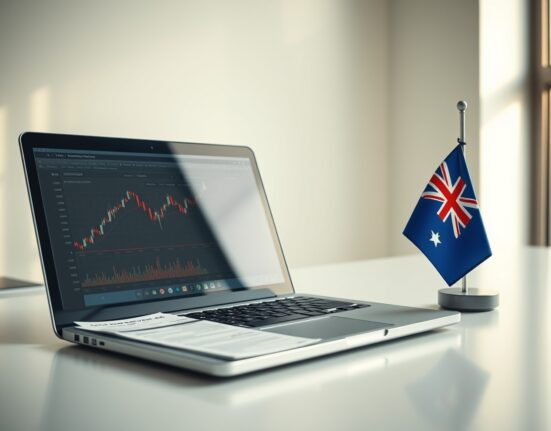 A laptop displaying a crypto price chart and a tax document on a desk with an Australian flag, representing capital gains tax reform.