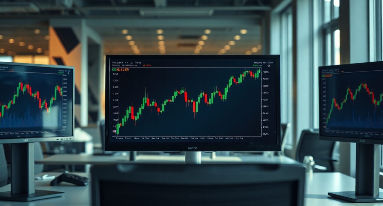 Financial trading desk with AUD/USD chart on monitors, representing CFTC positioning data