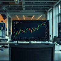 Financial trading desk with AUD/USD chart on monitors, representing CFTC positioning data