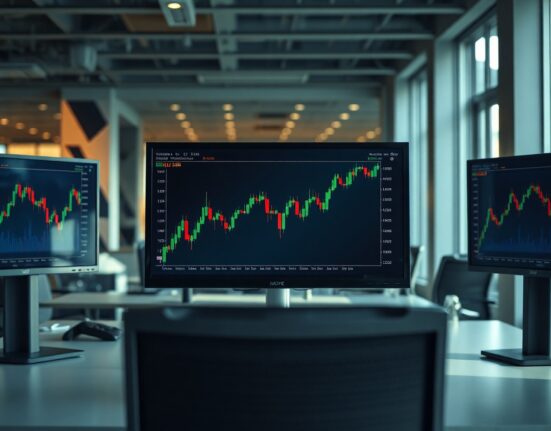 Financial trading desk with AUD/USD chart on monitors, representing CFTC positioning data