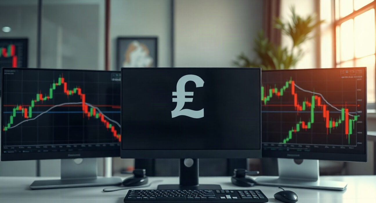 Financial analyst monitoring AUD exchange rate charts on multiple screens