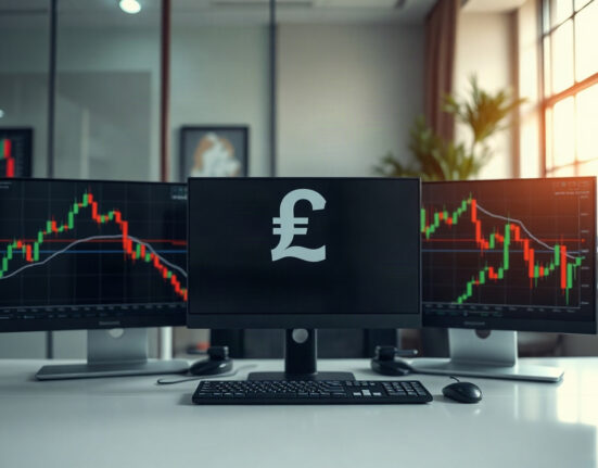 Financial analyst monitoring AUD exchange rate charts on multiple screens