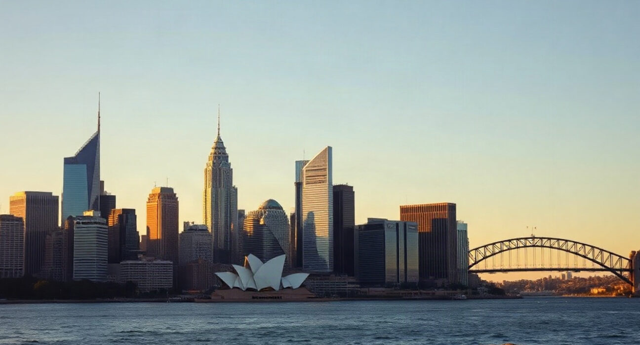 Sydney CBD skyline at sunset, representing Australian corporate sector performance.