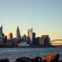 Sydney CBD skyline at sunset, representing Australian corporate sector performance.