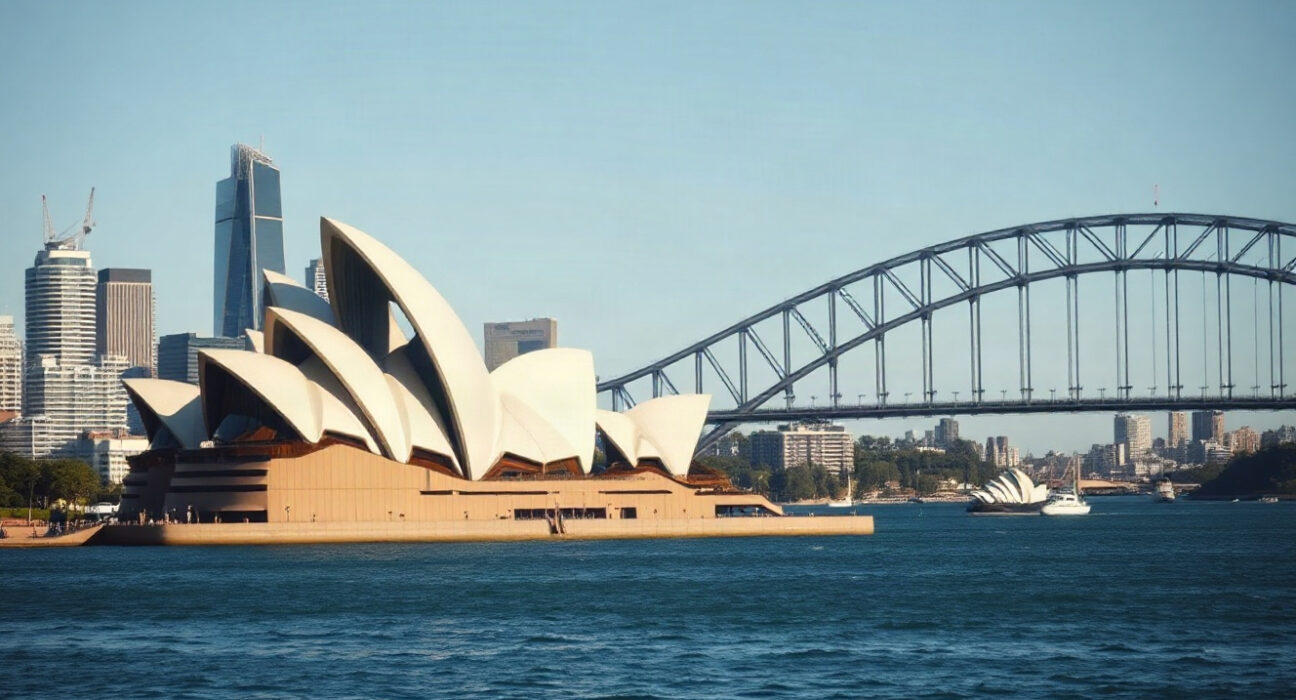 Sydney skyline with Opera House and Harbour Bridge under clear sky, representing Australia's economic activity.