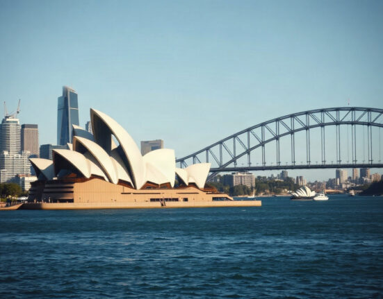 Sydney skyline with Opera House and Harbour Bridge under clear sky, representing Australia's economic activity.