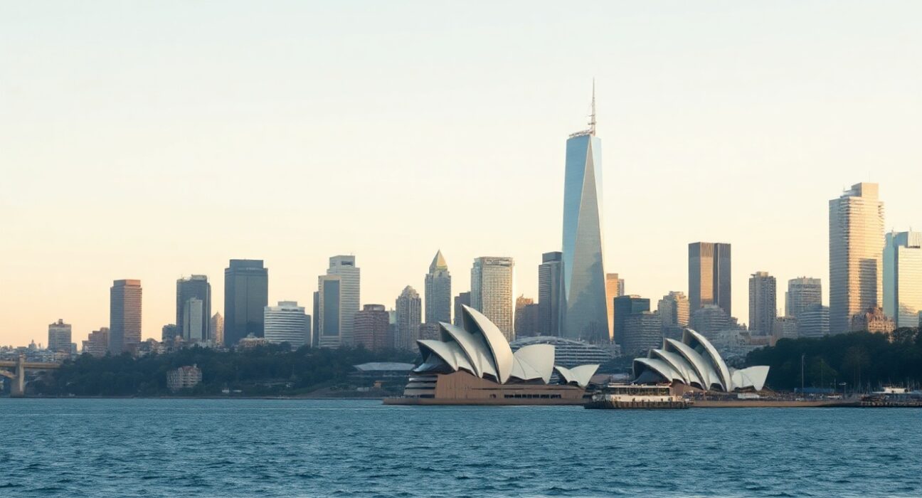 Sydney skyline and Opera House with harbor, representing Australia's economic activity