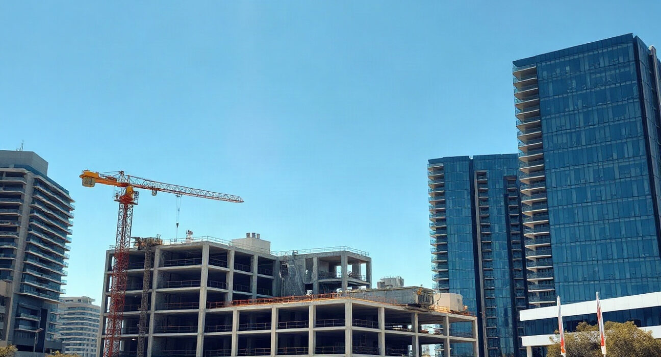 Construction cranes and building site in an Australian city under a clear sky