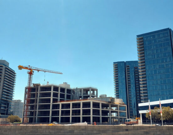 Construction cranes and building site in an Australian city under a clear sky