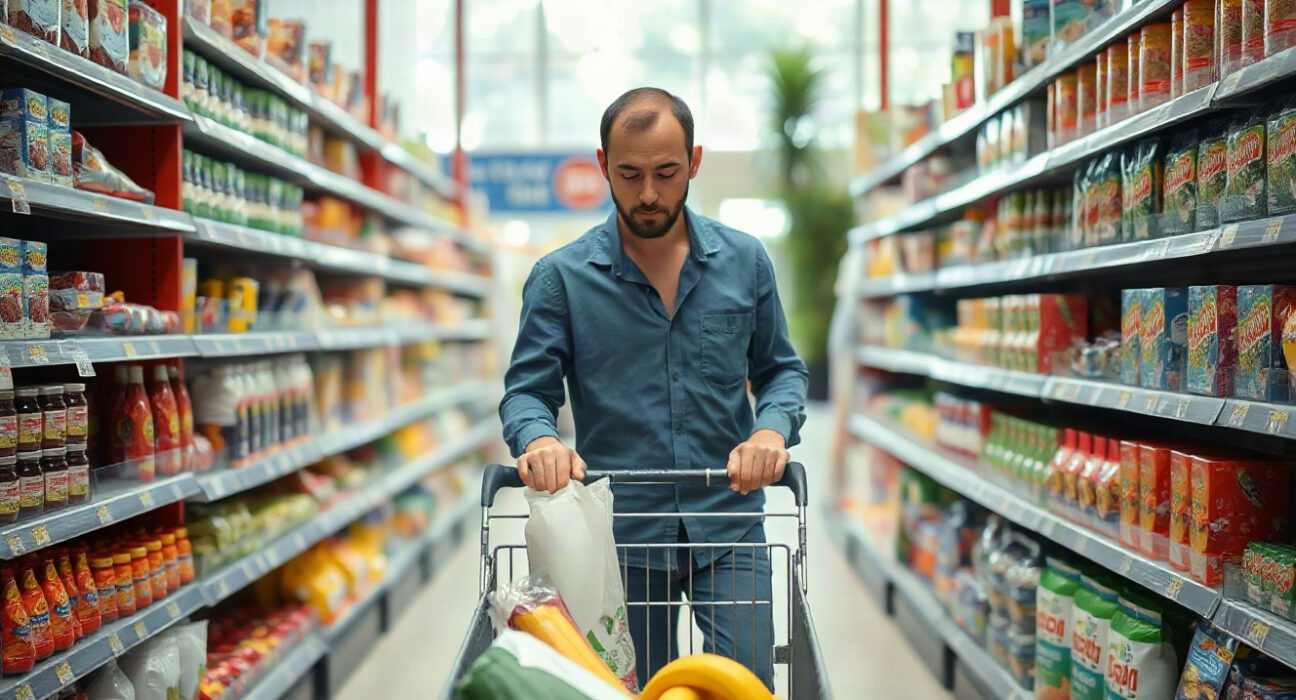 Shopper in an Australian supermarket aisle, illustrating consumer inflation expectations rising to 4.9% in August.