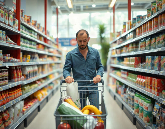 Shopper in an Australian supermarket aisle, illustrating consumer inflation expectations rising to 4.9% in August.
