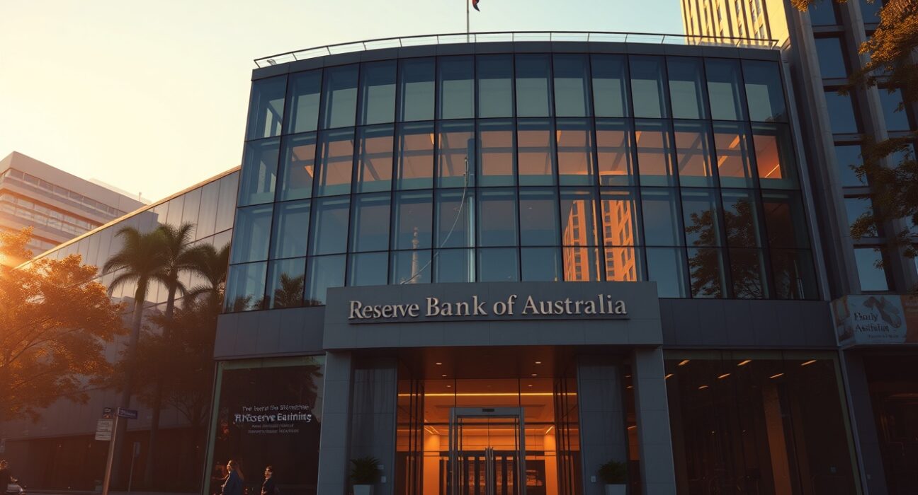 Reserve Bank of Australia building in Sydney, with warm afternoon light and clear sky.