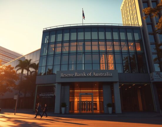 Reserve Bank of Australia building in Sydney, with warm afternoon light and clear sky.
