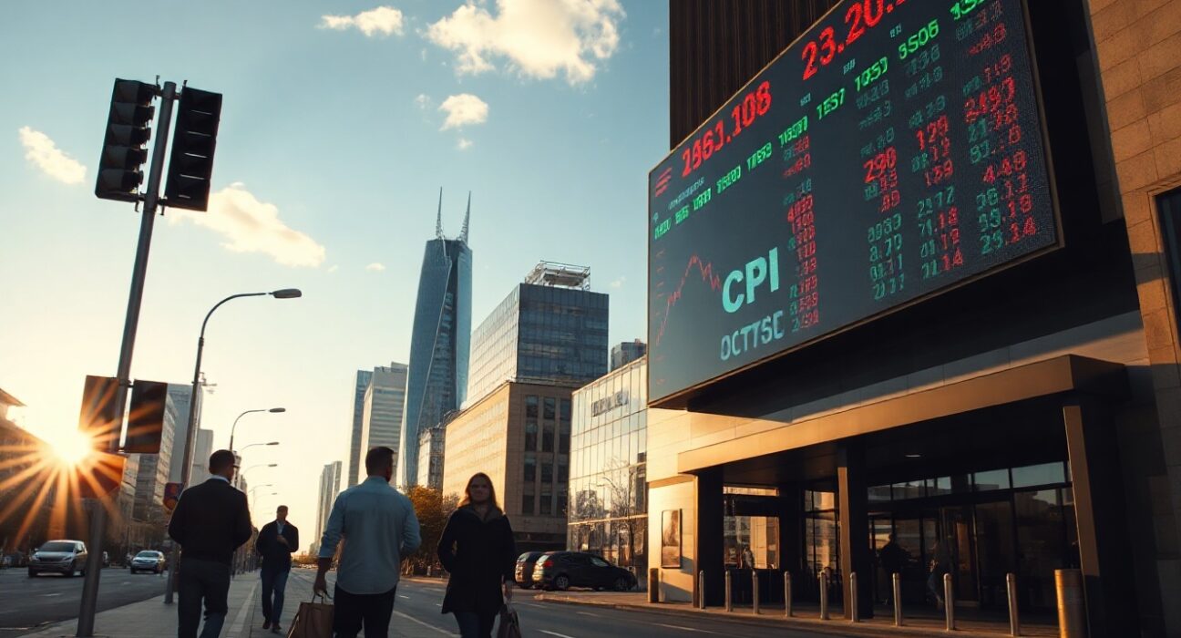 Australian city street with electronic board displaying CPI and financial data