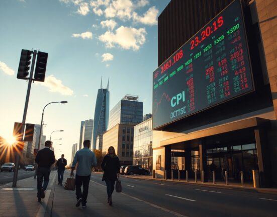 Australian city street with electronic board displaying CPI and financial data