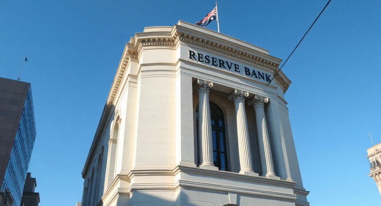 Reserve Bank of Australia building in Sydney with clear sky, representing economic data and inflation news.