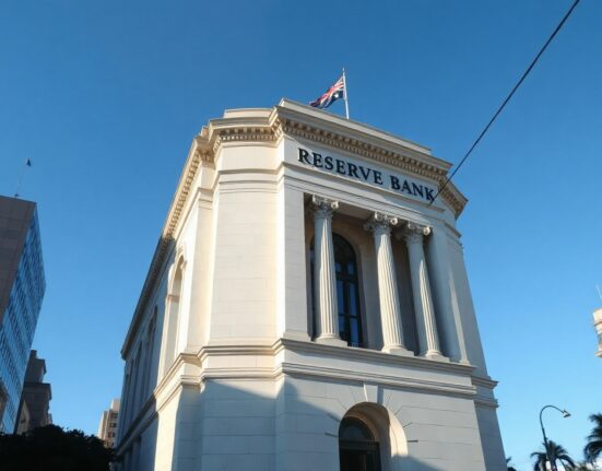 Reserve Bank of Australia building in Sydney with clear sky, representing economic data and inflation news.