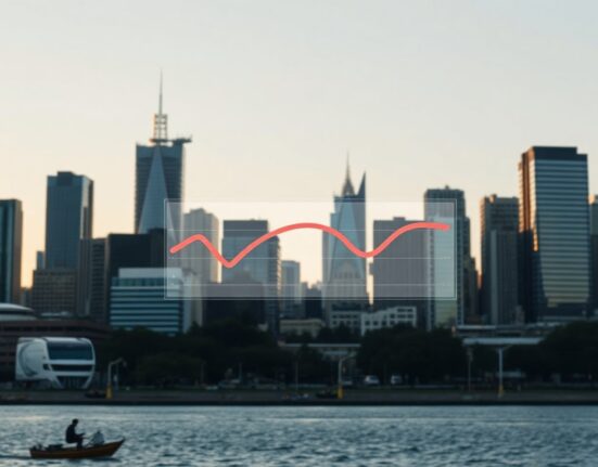Sydney skyline at dawn with a subtle financial chart overlay representing easing inflation.