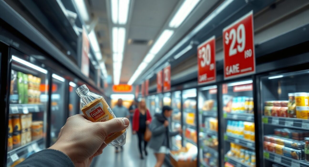 Shopper looking at price tags in an Australian supermarket, representing rising consumer prices.