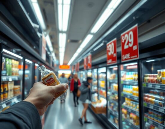 Shopper looking at price tags in an Australian supermarket, representing rising consumer prices.