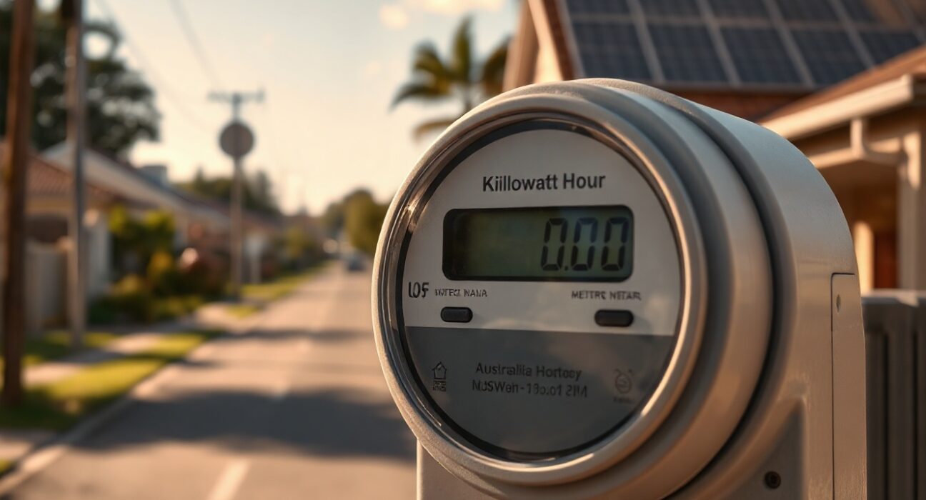 Close-up of an Australian household electricity meter with a digital display, representing rising energy costs and inflation.