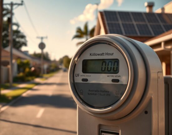 Close-up of an Australian household electricity meter with a digital display, representing rising energy costs and inflation.