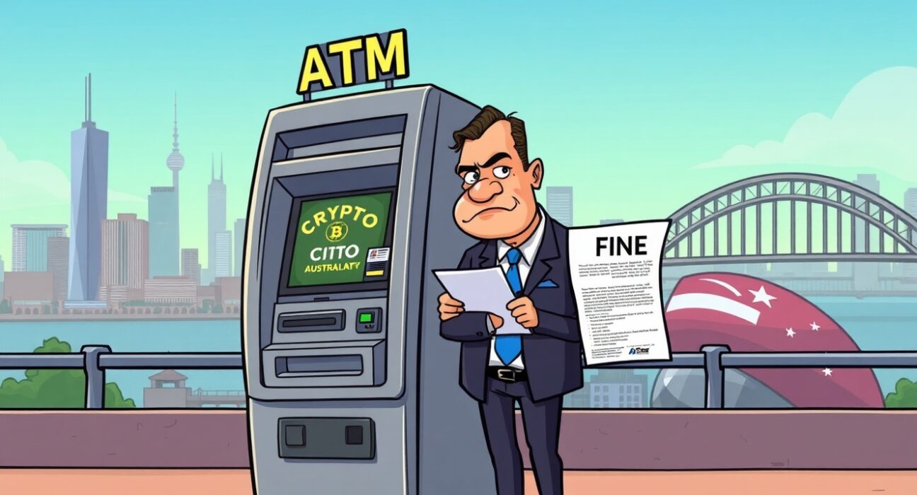 An Australian regulator issuing a fine to a crypto ATM Australia operator, symbolizing stricter financial oversight.