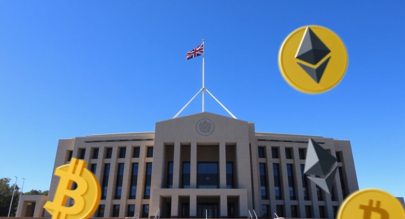Australian Parliament House with digital cryptocurrency symbols in foreground representing crypto tax reform