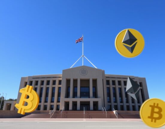 Australian Parliament House with digital cryptocurrency symbols in foreground representing crypto tax reform