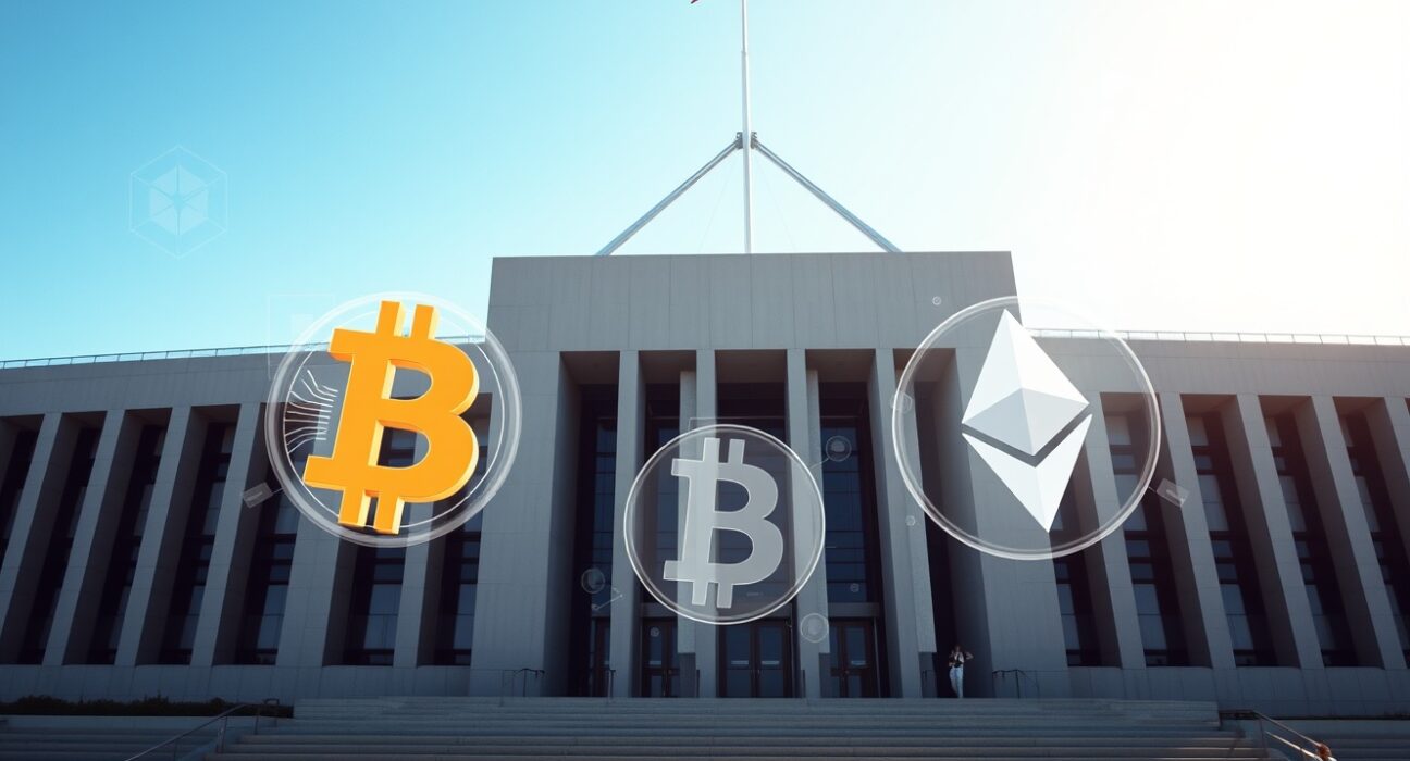 Australian Parliament House with cryptocurrency symbols representing new digital asset regulation