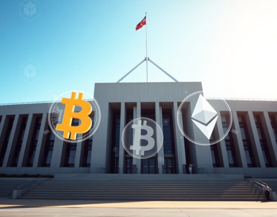 Australian Parliament House with cryptocurrency symbols representing new digital asset regulation