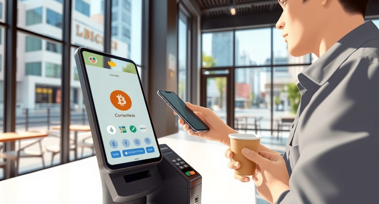 Person using cryptocurrency for payment at Australian café terminal, representing survey findings on digital currency adoption.