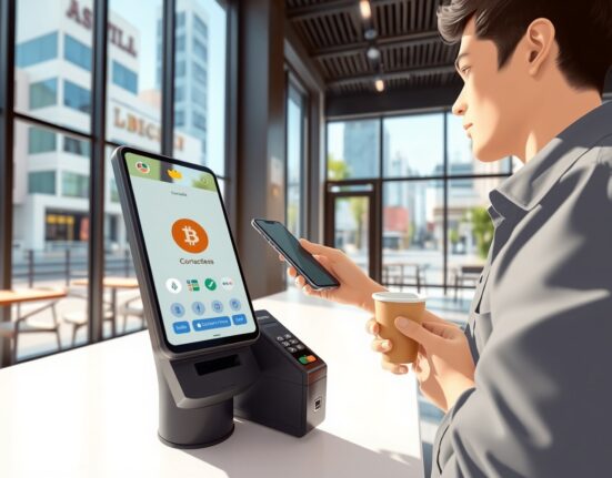 Person using cryptocurrency for payment at Australian café terminal, representing survey findings on digital currency adoption.