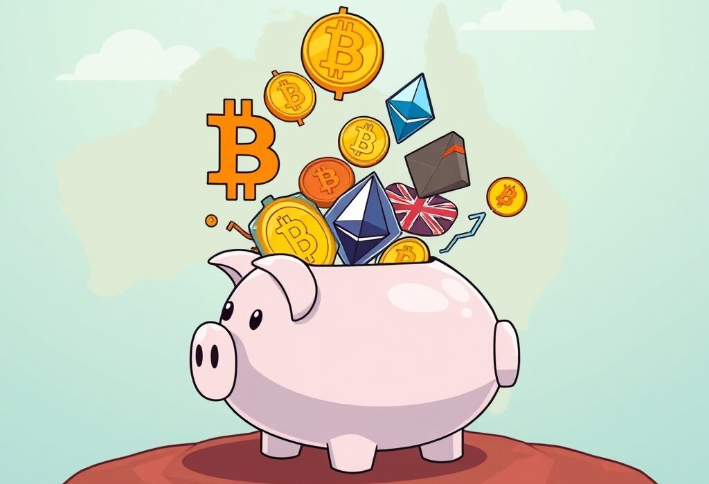 Cartoon illustration depicting the future of Australia crypto pensions, with digital assets growing from a retirement fund.