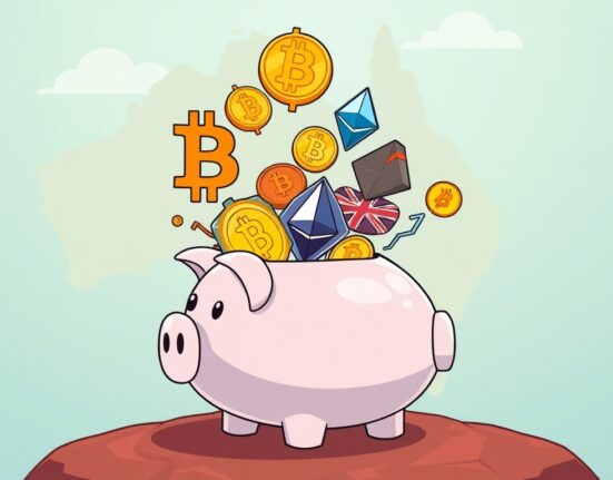 Cartoon illustration depicting the future of Australia crypto pensions, with digital assets growing from a retirement fund.