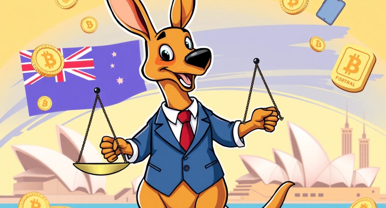 Australia's crypto regulatory framework illustrated as balanced scales protecting digital assets