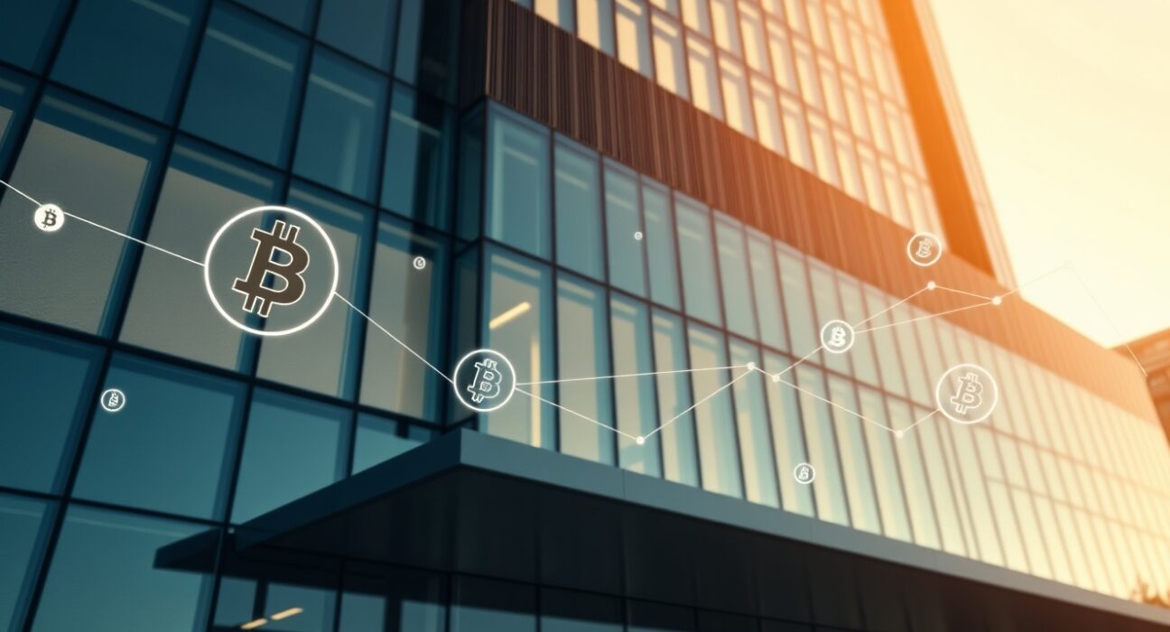 Modern building in Sydney with faint digital cryptocurrency symbols and network lines, representing Australia's new crypto Travel Rule regulations.